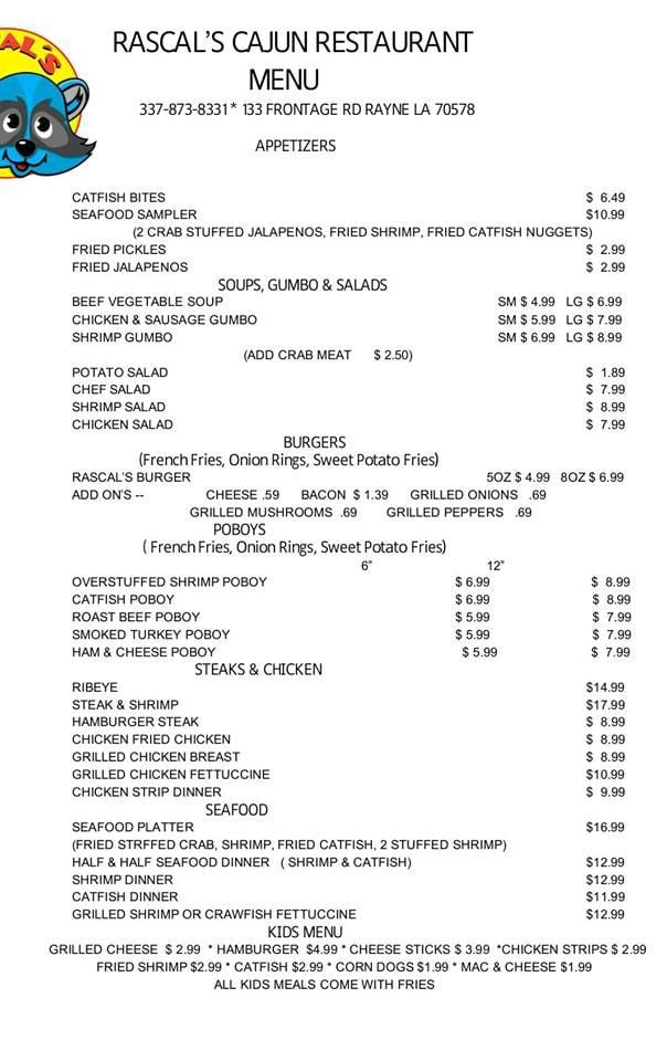 Menu at Rascal's Cajun Restaurant, Rayne
