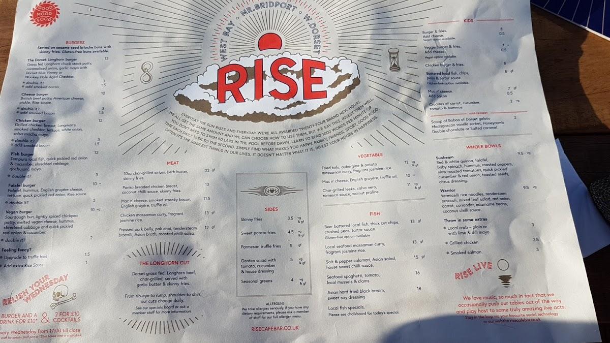 Menu at Rise restaurant, Bridport