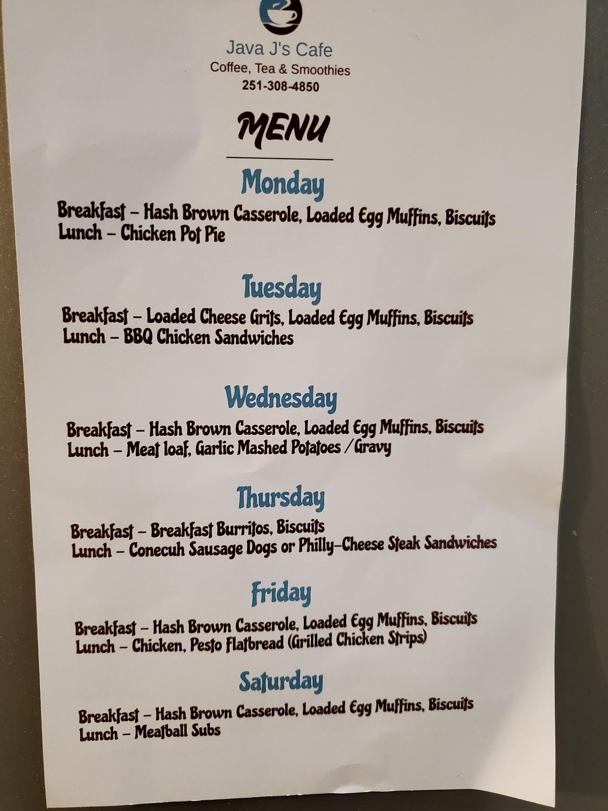 Menu at Java J's Cafe, Bay