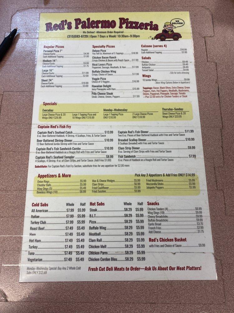Menu at Reds Palermo Market pizzeria, USA