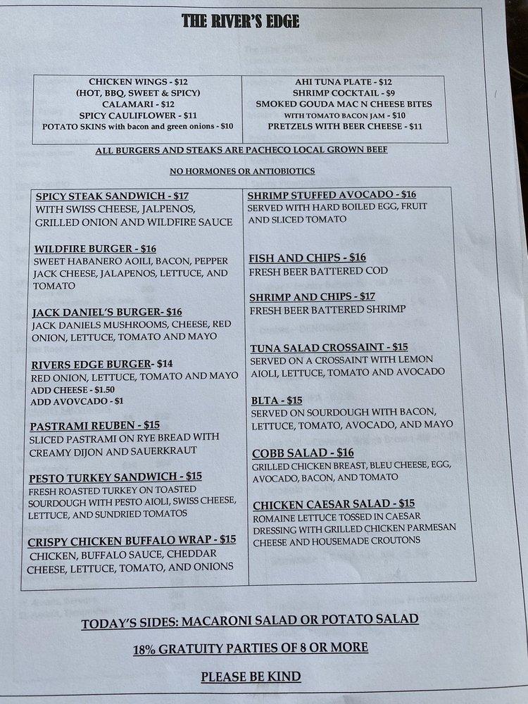 Menu at The River's Edge restaurant, Knights Ferry, Sonora Rd