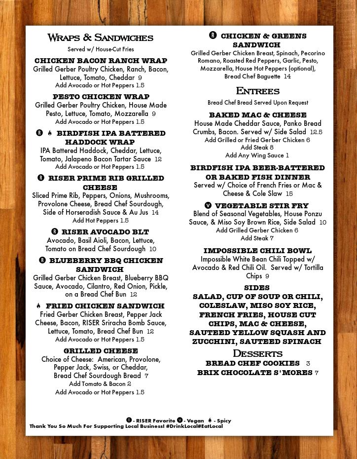 Menu at Riser Tavern & Grill pub & bar, Boardman