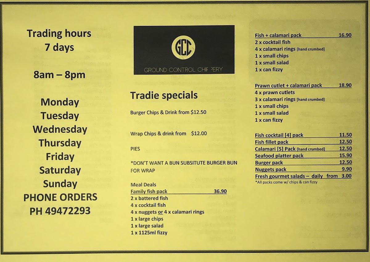 Menu at Ground Control Chippery restaurant, Warners Bay