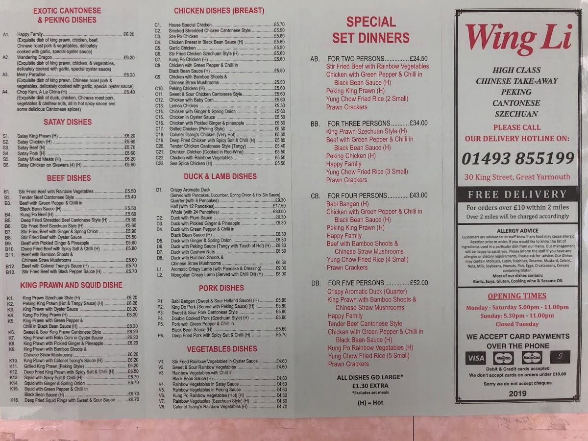 Menu at Wing Li fast food, Great Yarmouth