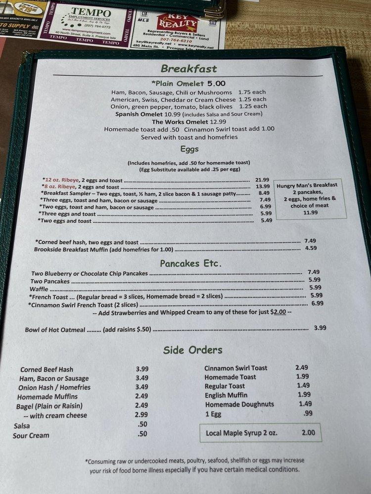 Menu at The Brookside Inn restaurant, Smyrna