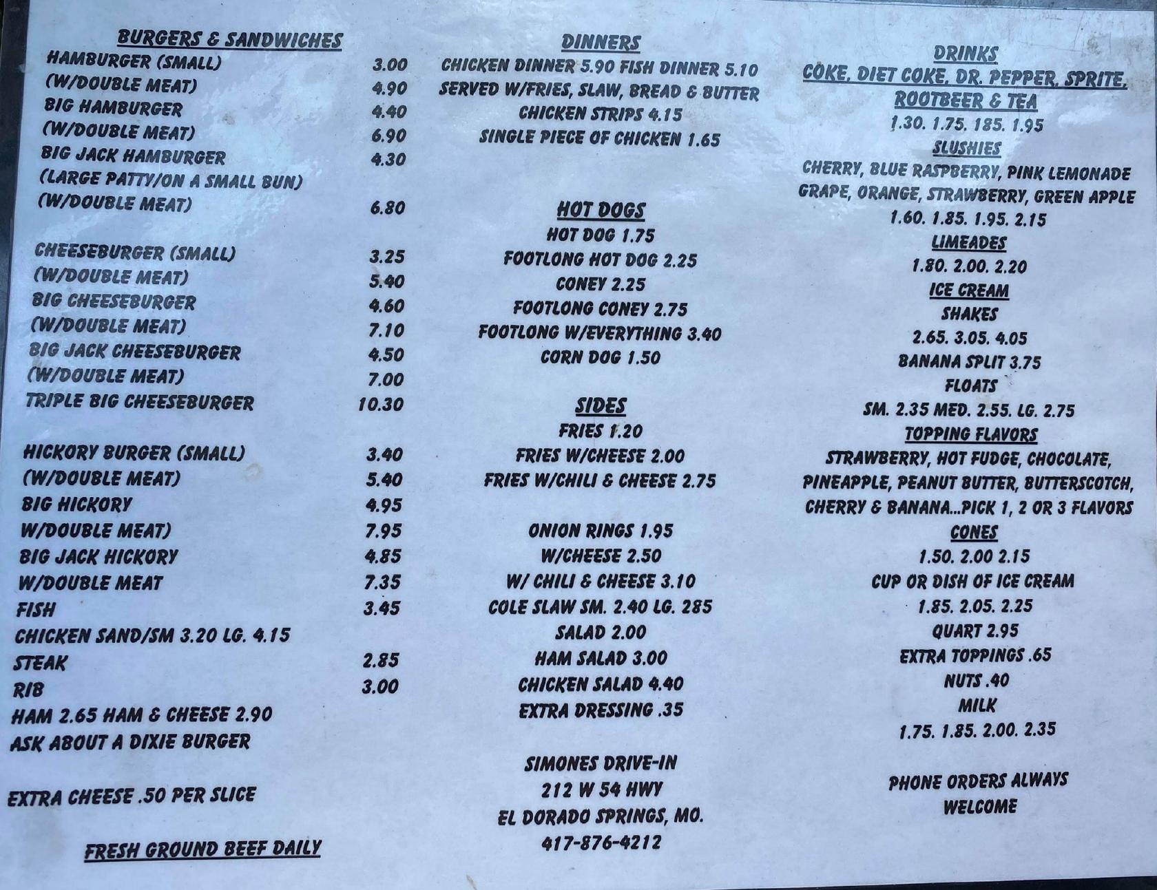 Menu at Simone's DriveIn restaurant, El Dorado Springs