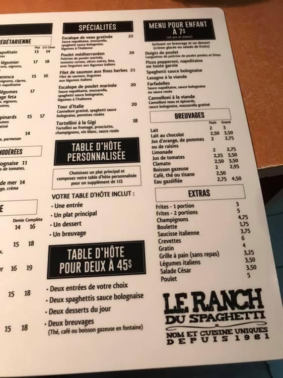 Menu at Ranch Du Spaghetti restaurant, Magog