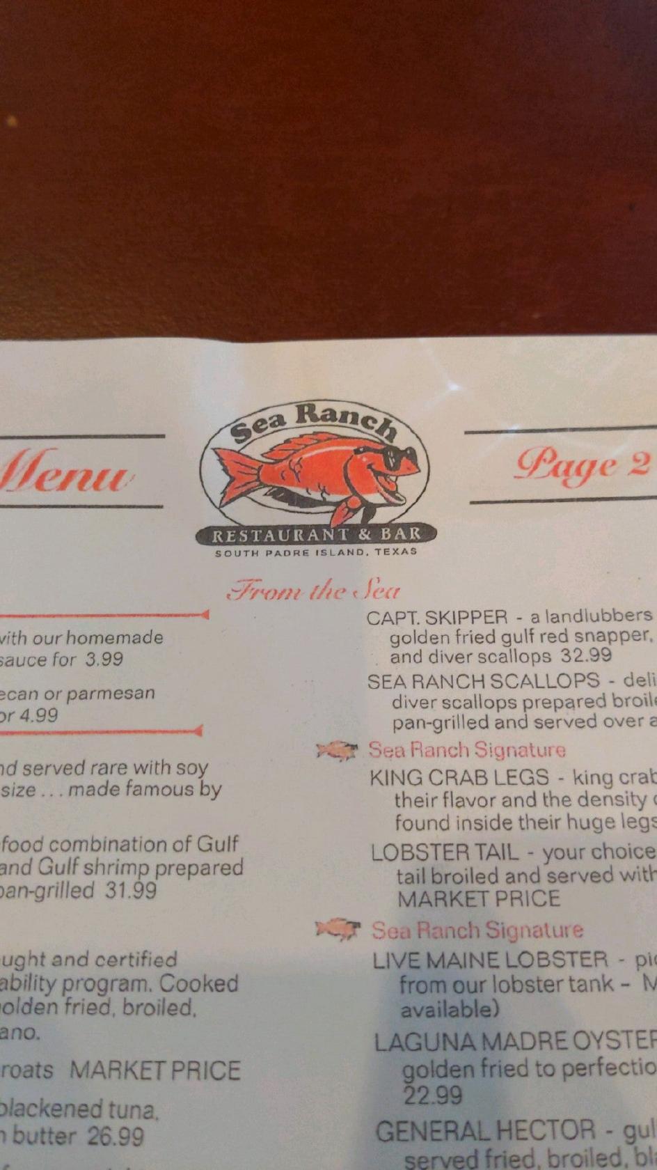 Menu at Sea Ranch Restaurant, South Padre Island, 33330 State Park Rd