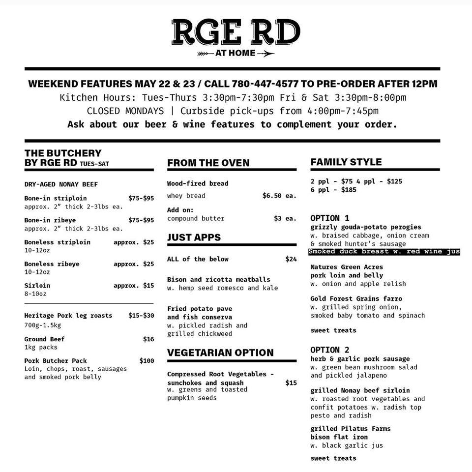 Menu at Rge Rd restaurant, Edmonton