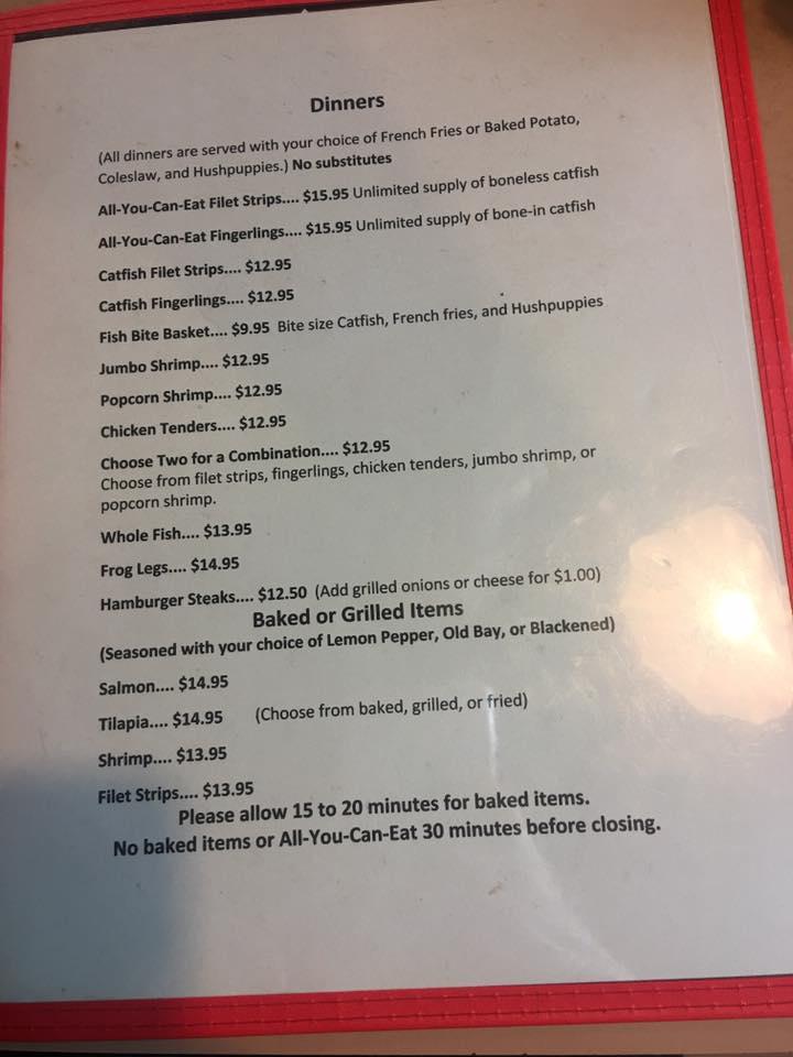 Menu at Riverside Catfish House restaurant, Chattanooga