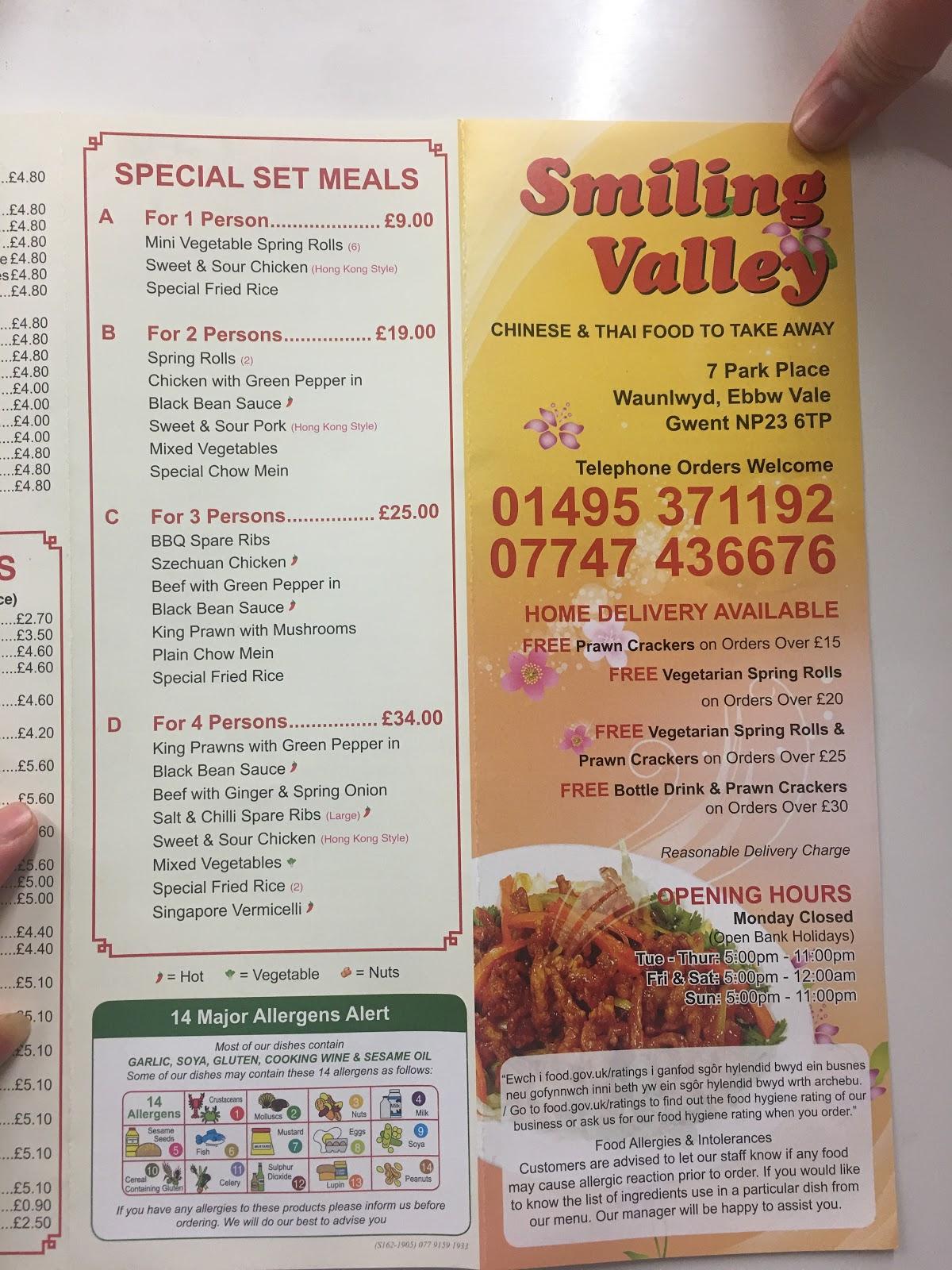 Menu at Smiling Valley fast food, Ebbw Vale