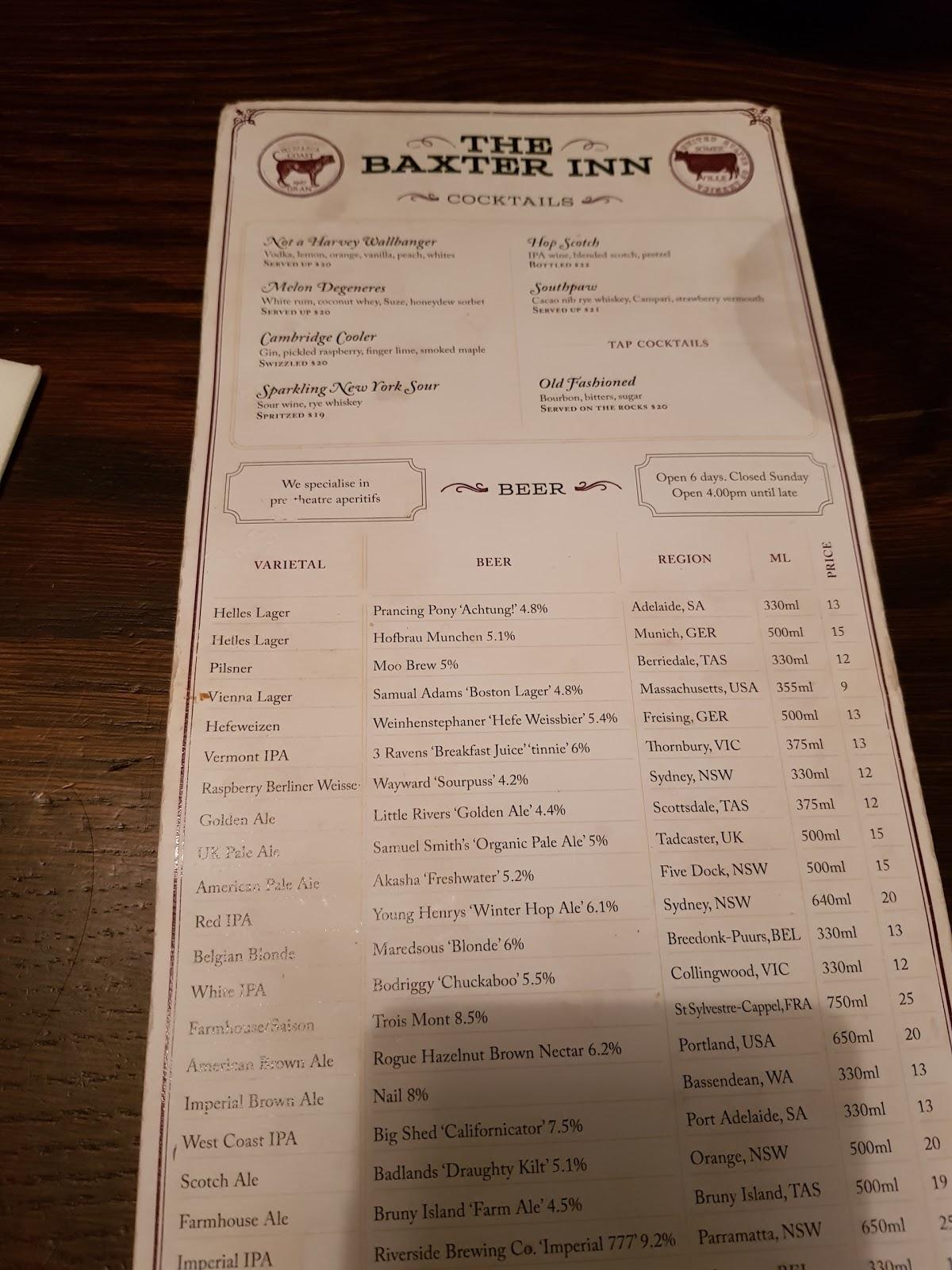 Menu at The Baxter Inn restaurant, Sydney, 152/156 Clarence St
