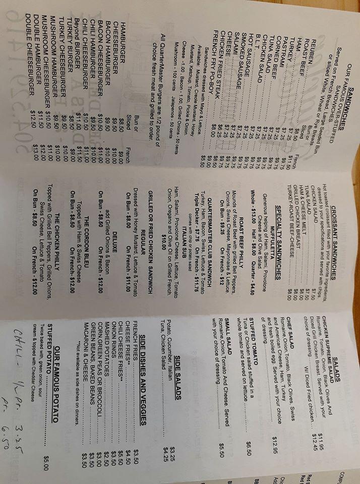 Menu at Quartermaster Store restaurant, New Orleans