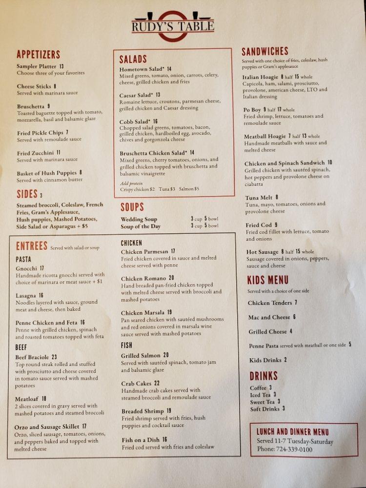 Menu at Rudy's Table restaurant, Lower Burrell
