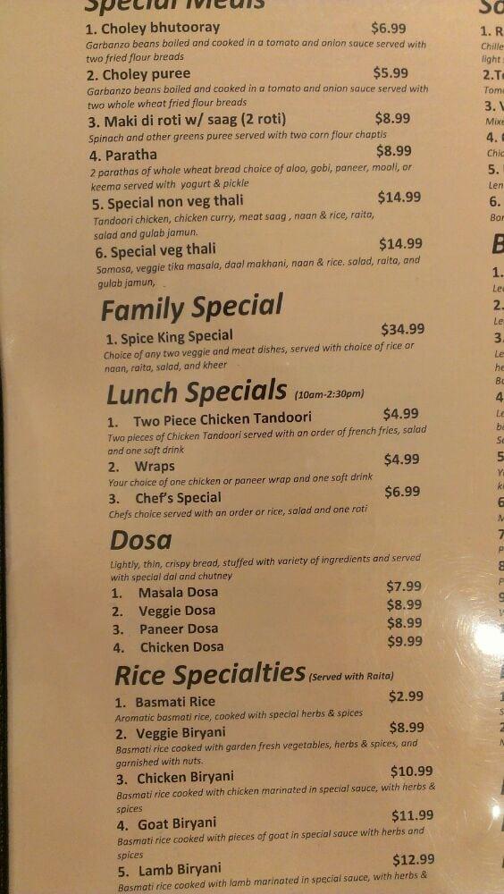 Menu at Spice King Indian Restaurant & Sweets, Renton