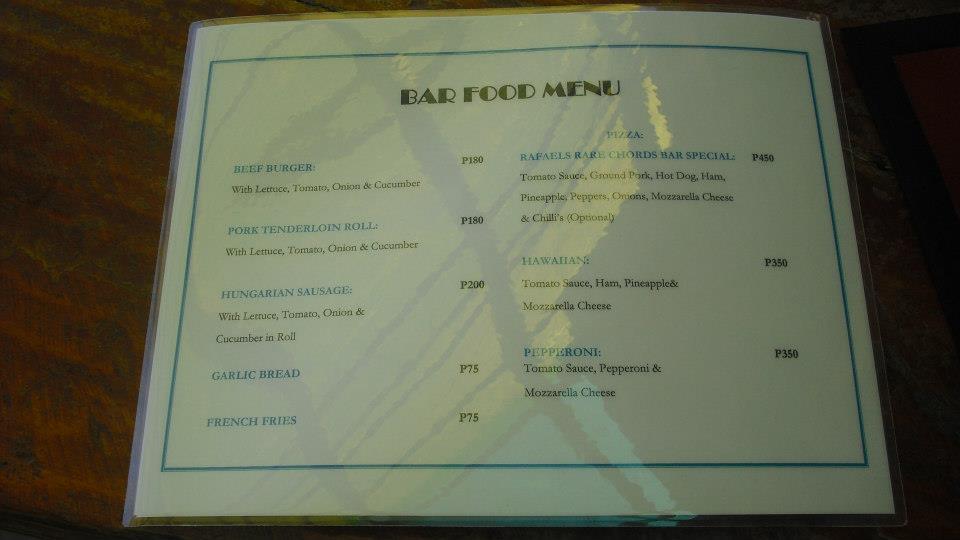 Menu at Rafaels Rare Chords Bar, Puerto Galera
