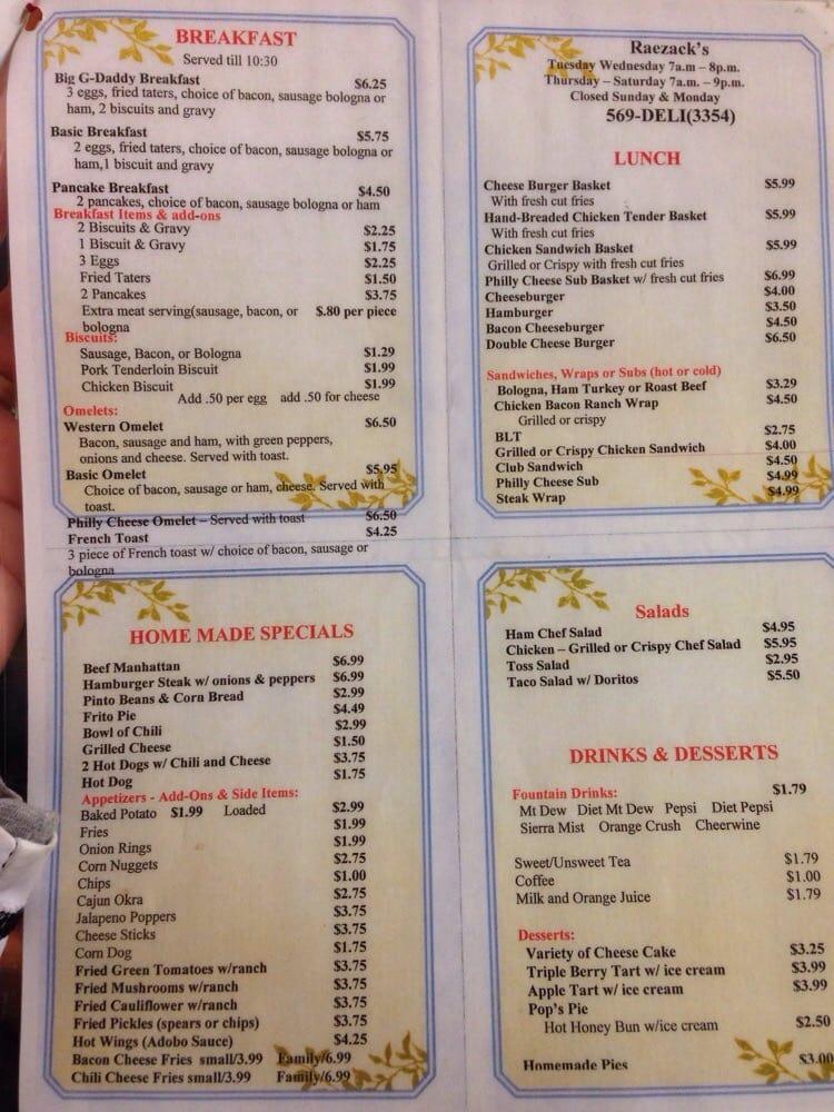 Menu at Raezack's Grill & Deli steakhouse, Helenwood