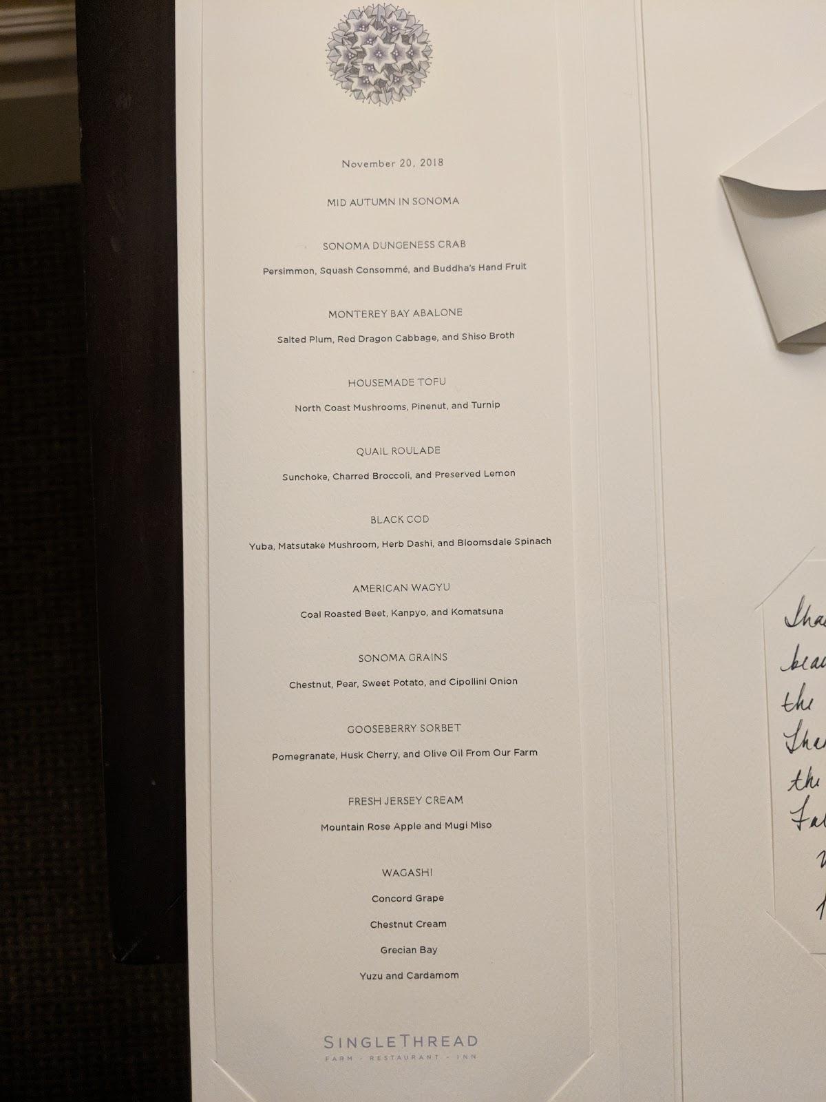 Menu at SingleThread Farm Restaurant Inn, Healdsburg