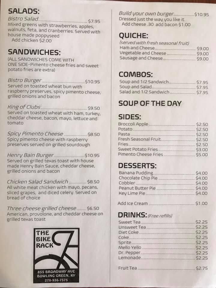 Menu at The Bike Rack Bistro cafe, Bowling Green