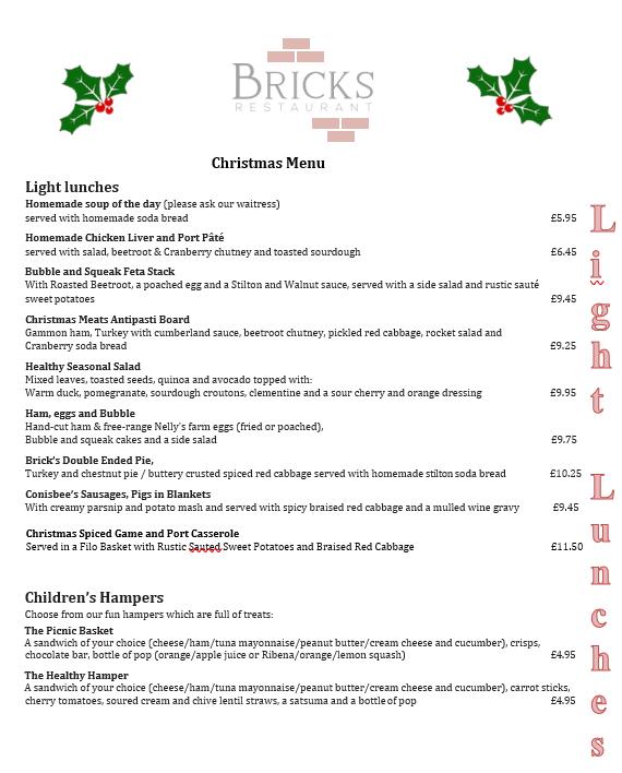Menu at Bricks Coffee Shop cafe, Cranleigh, Smithbrook Kilns