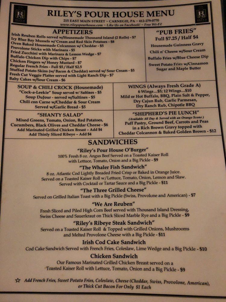 Menu at Riley's Pour House pub & bar, Carnegie, 215 E Main St
