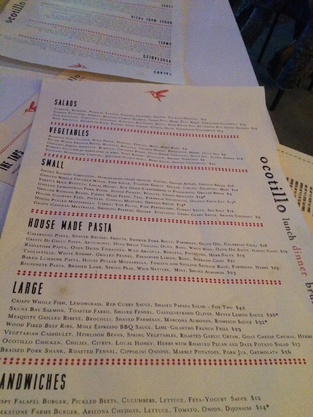 Menu at Ocotillo pub & bar, Phoenix