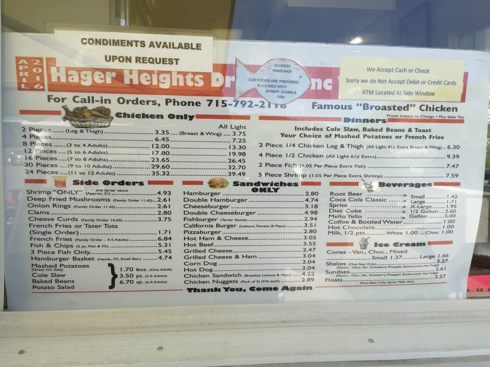 Menu at Hager Heights DriveIn fast food, Hager City