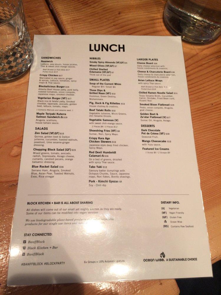 Menu at Block Kitchen + Bar, Banff