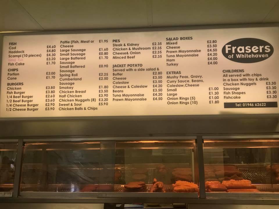 Menu at Fraser's fast food, Whitehaven