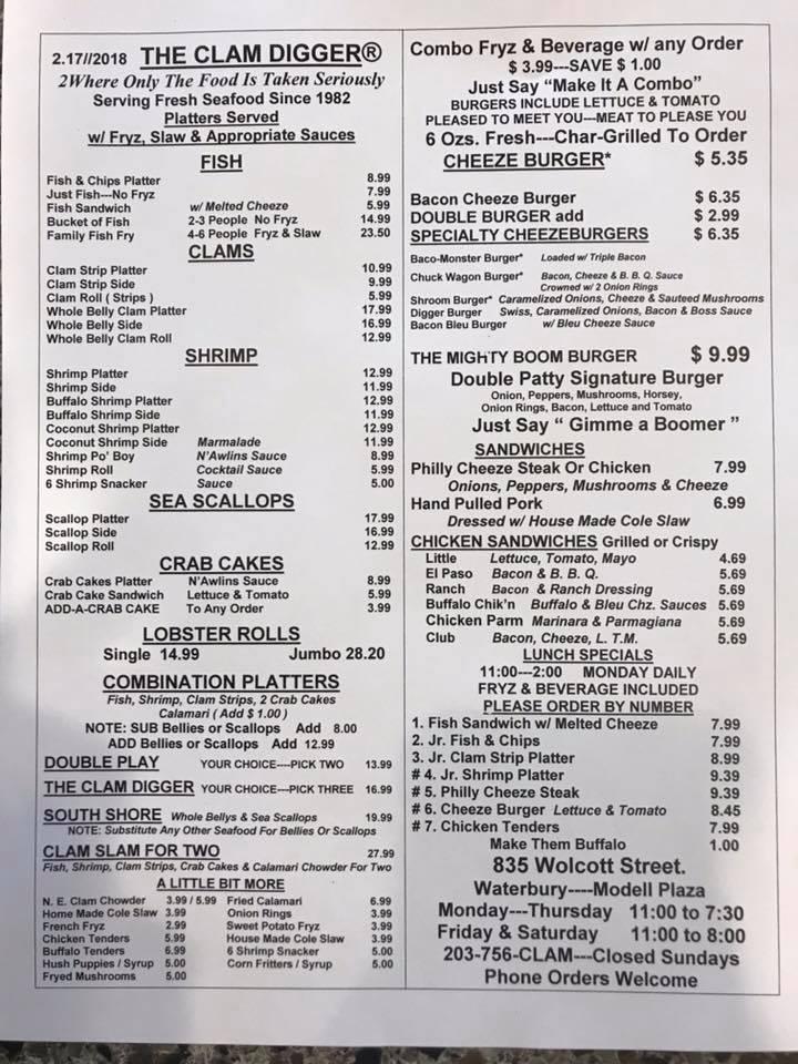 Menu at The Crazy ClamDigger Waterbury LLC restaurant, Waterbury, 835