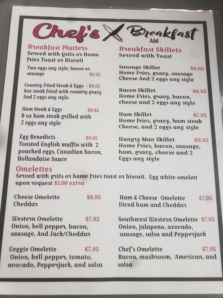 Menu at Chefs restaurant, Monticello