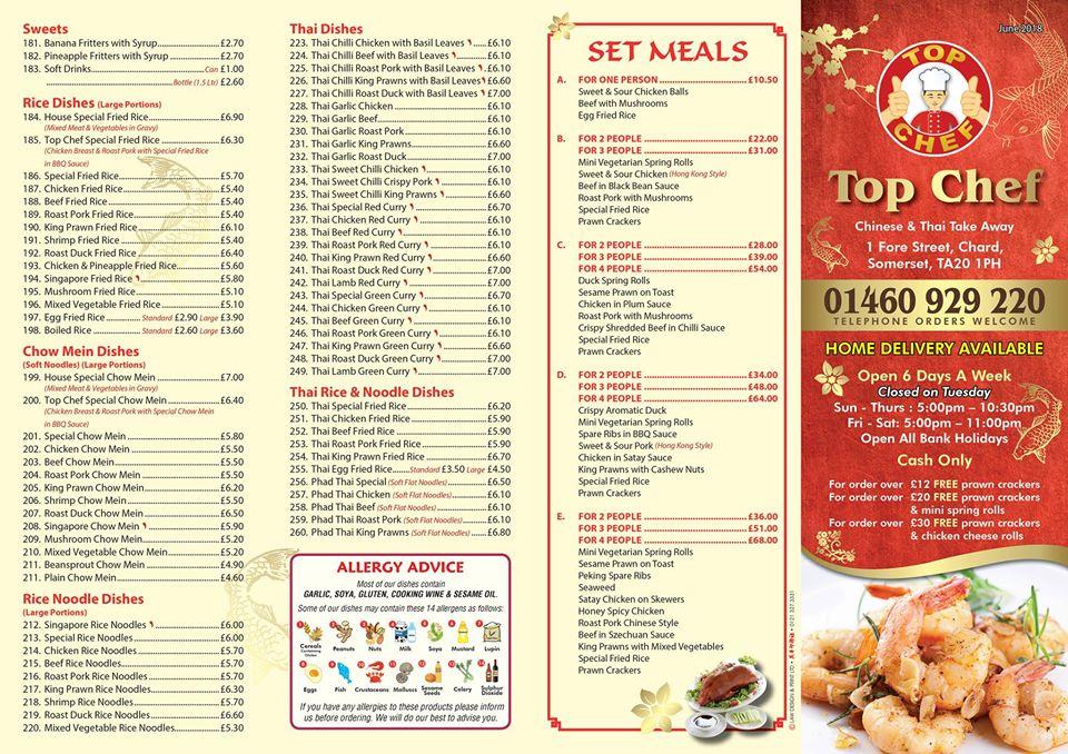 Menu at Top chef Chinese and Thai take away fast food, Chard