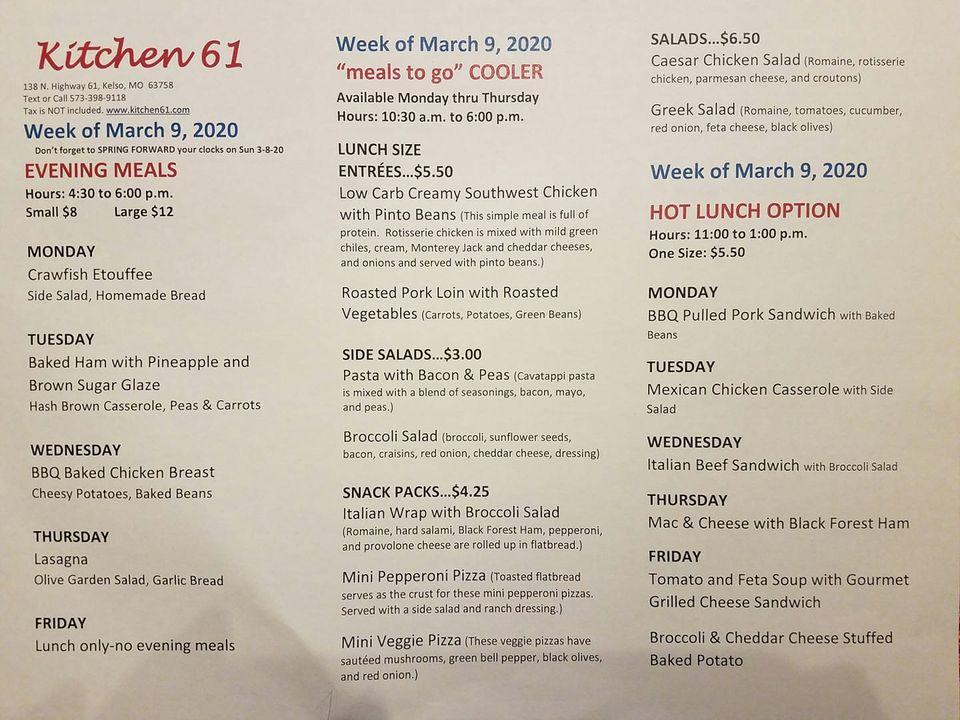 Menu at Kitchen 61 restaurant, Kelso, 138 US61