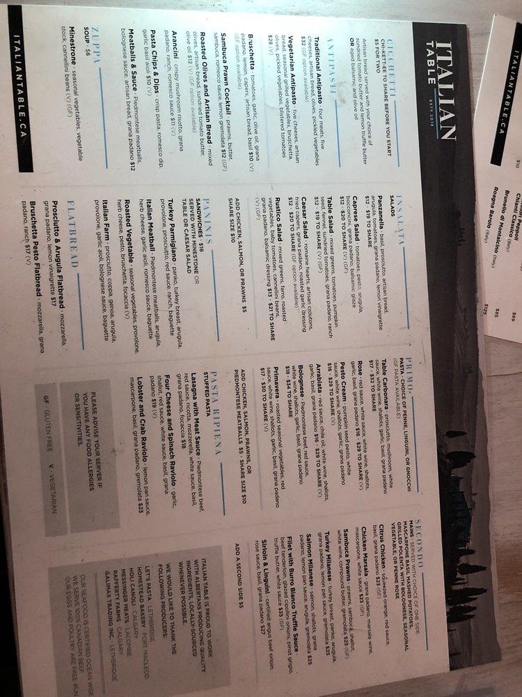 Menu at Italian Table pub & bar, Lethbridge