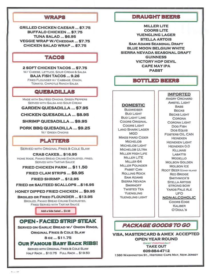 Menu at CView Inn pizzeria, Cape May