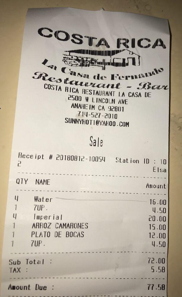 Menu at Costa Rica Restaurant, Anaheim, 2500 W Lincoln Ave