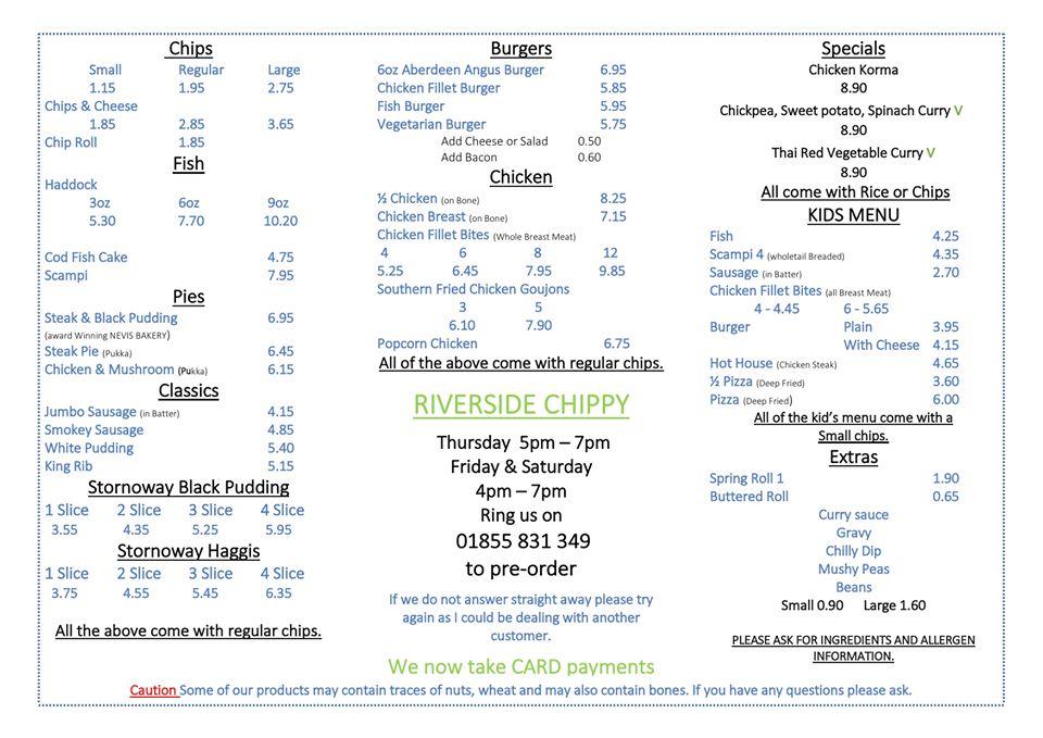 Carta de comida rápida Rice & Chips, Kinlochleven