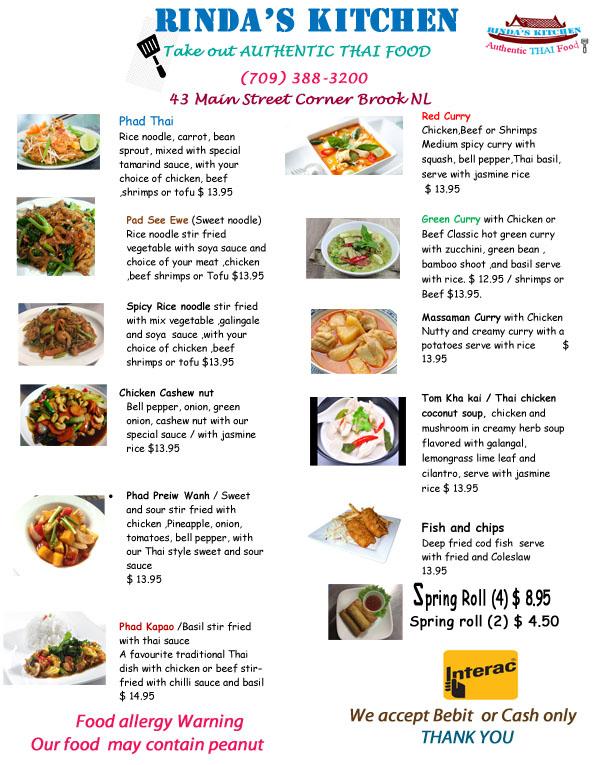 Menu at Rinda's Kitchen restaurant, Corner Brook