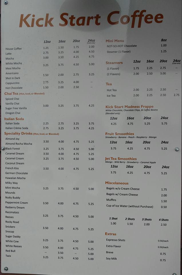 Menu at Kick Start Coffee restaurant, Stayton