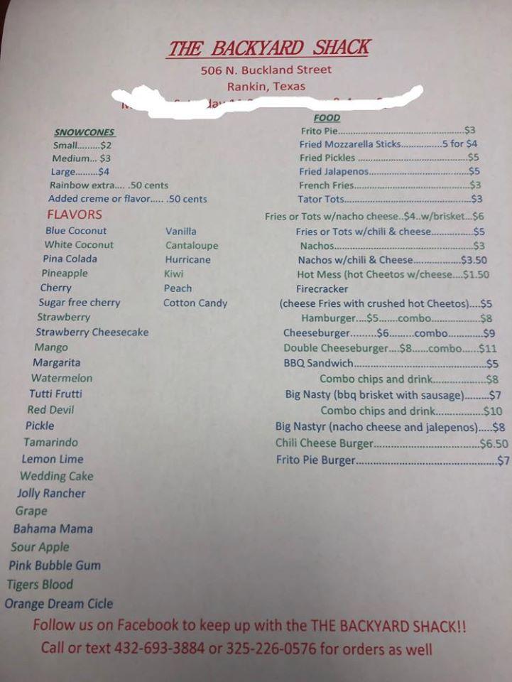 Menu at The Backyard Shack restaurant, Rankin