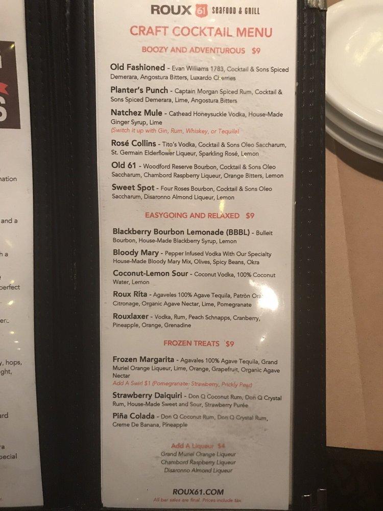 Menu at Roux 61 steakhouse, Natchez