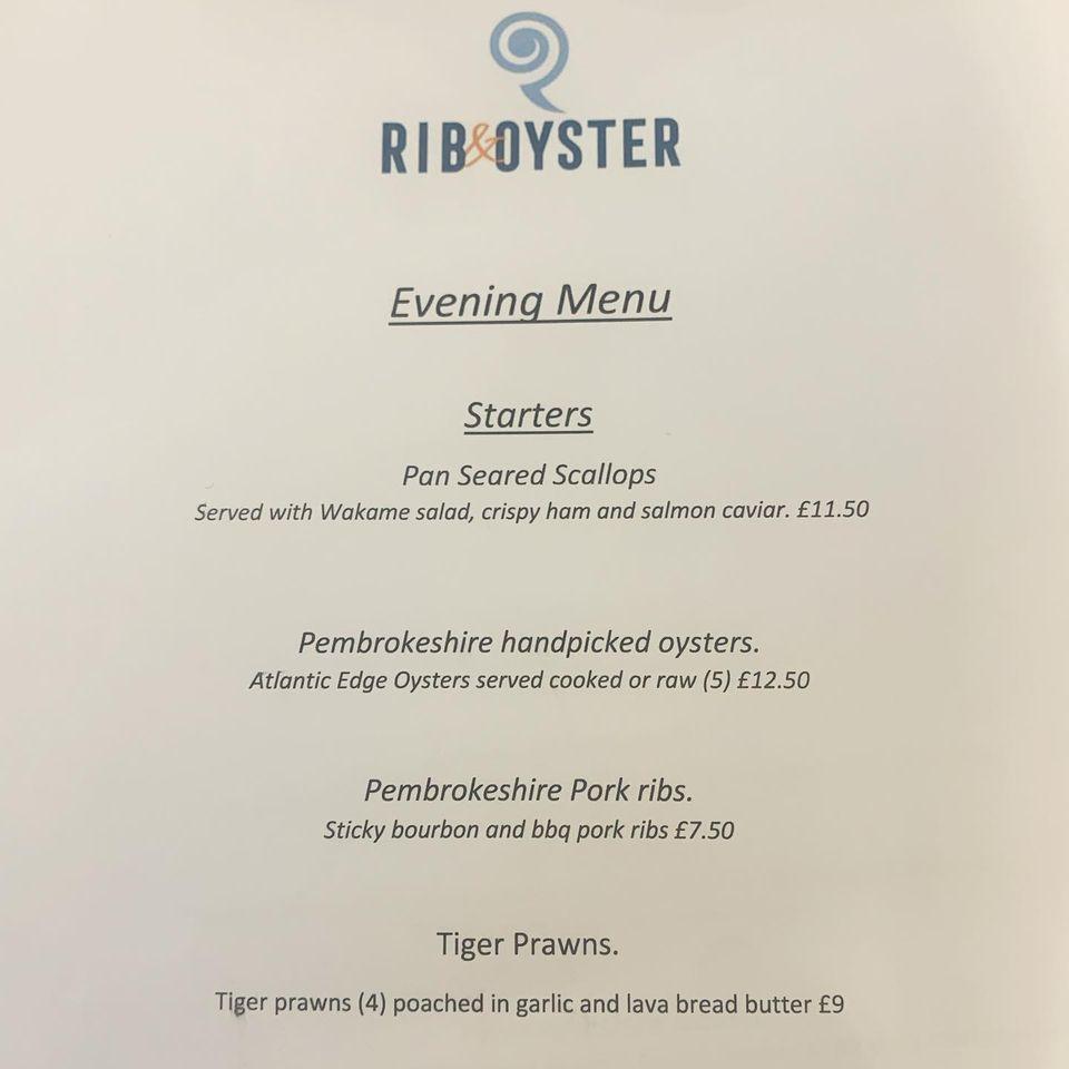 Menu at Rib and Oyster restaurant, Kilgetty