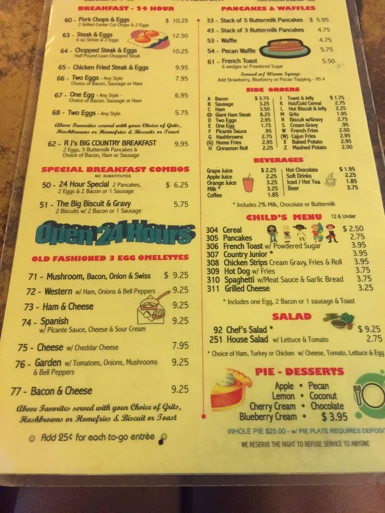 Menu at RJ's restaurant, Shreveport