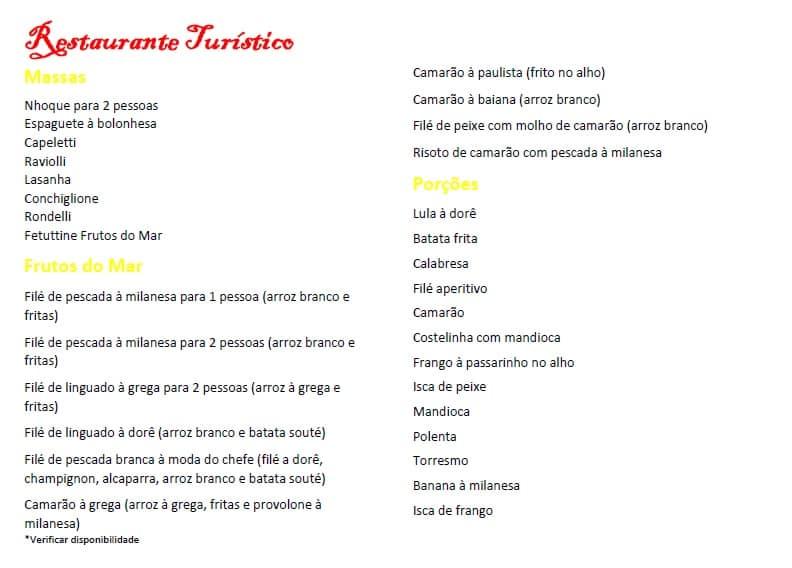 Menu at Restaurante Turístico, Peruíbe