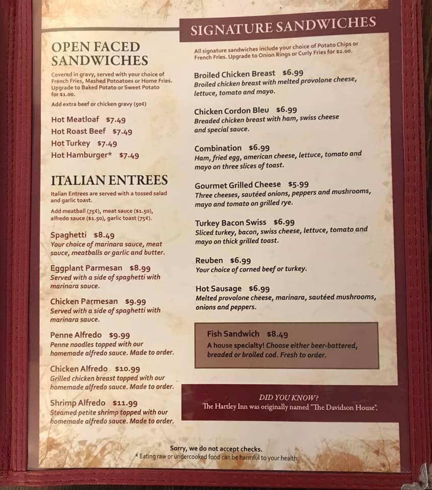 Menu at Hartley Inn Restaurant, Carmichaels