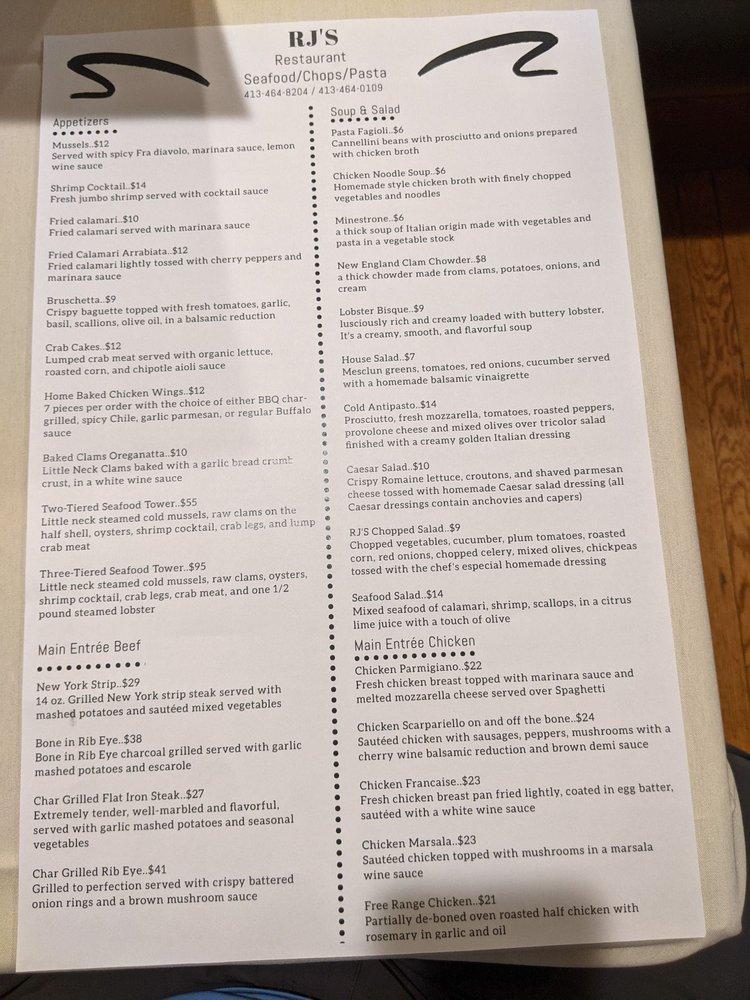 Menu at RJ'S RESTAURANT SEAFOOD/CHOPS/PASTA, Pittsfield