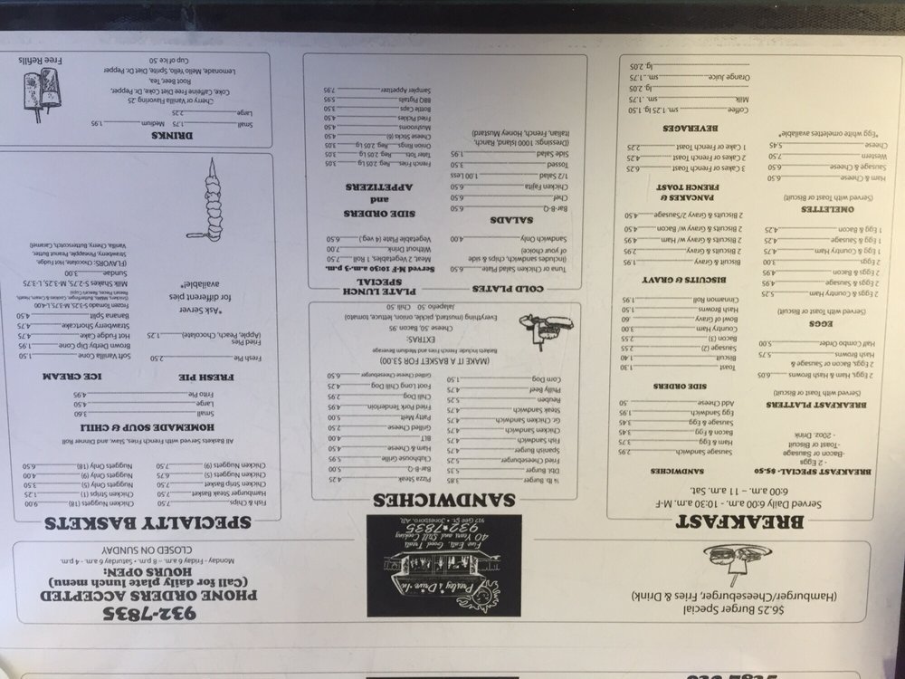 Menu at Presley's DriveIn restaurant, Jonesboro