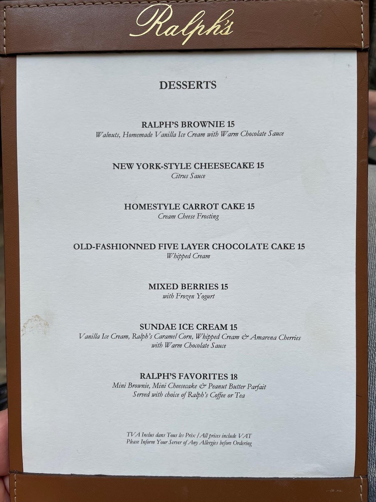 Menu au Ralph's Restaurant, Paris