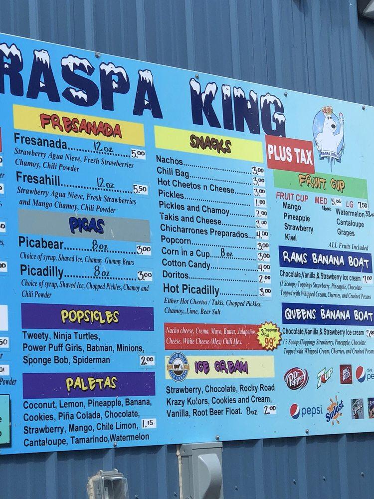 Menu at Raspa King desserts, Del Rio