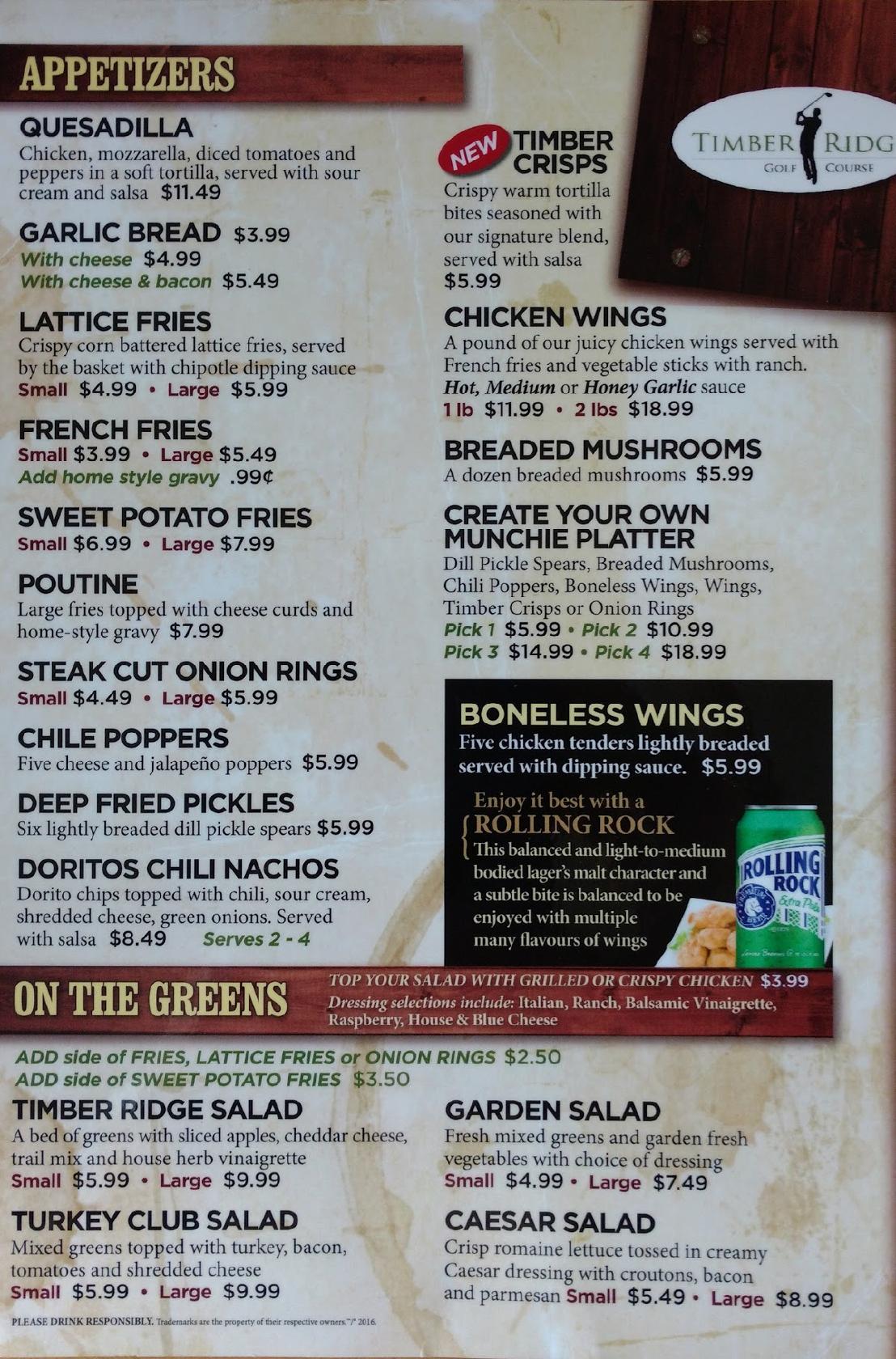 Menu at Timber Ridge Golf Course restaurant, Brighton